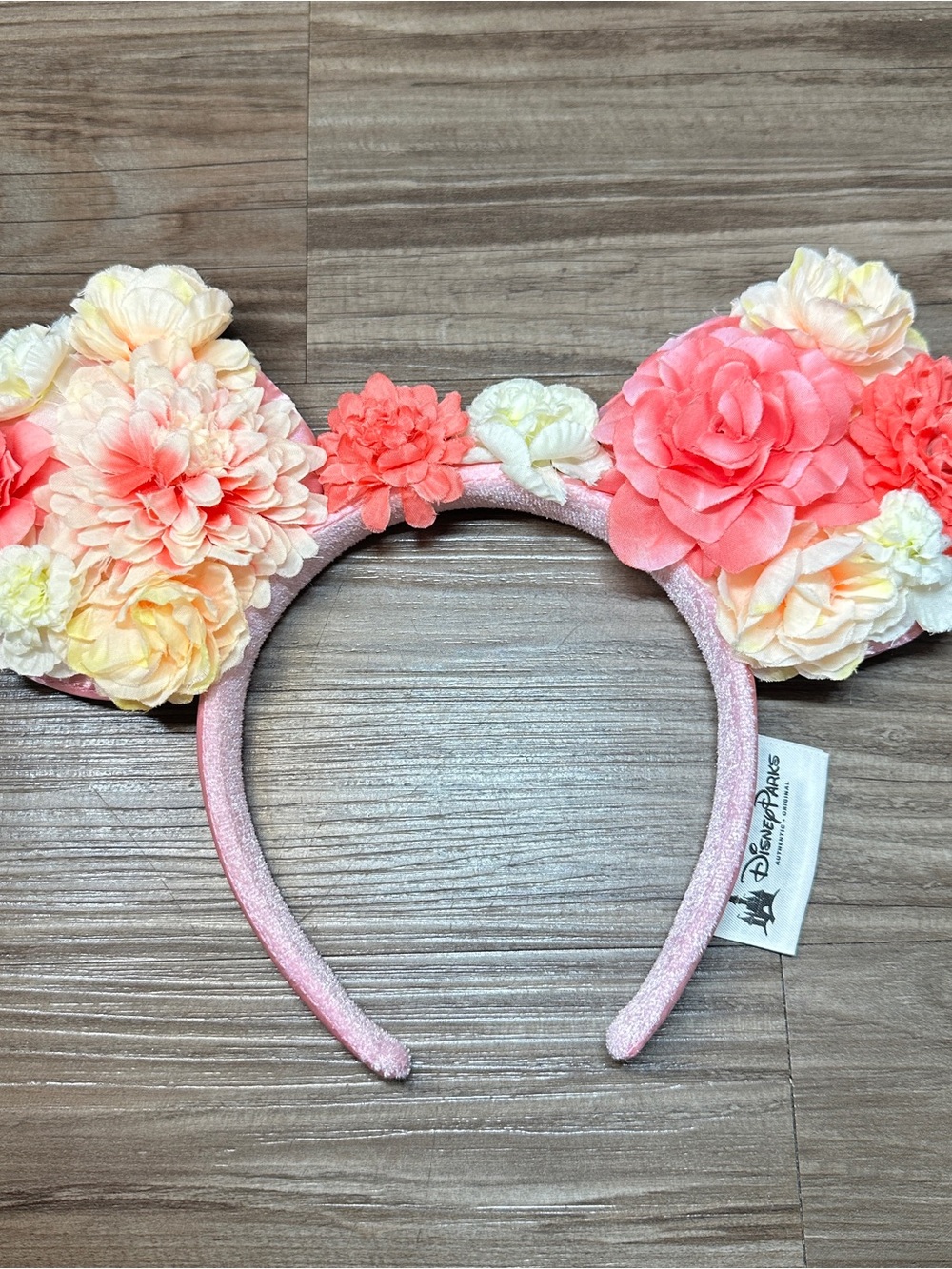 Disney Parks Peach & Pink Satin Floral Crown Garden Minnie Mouse Ears Headband